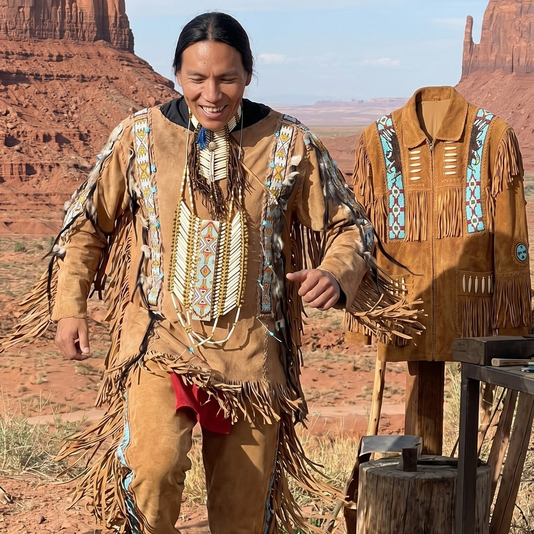 Fringe jacket on display beside Tahoma among red sandstone buttes