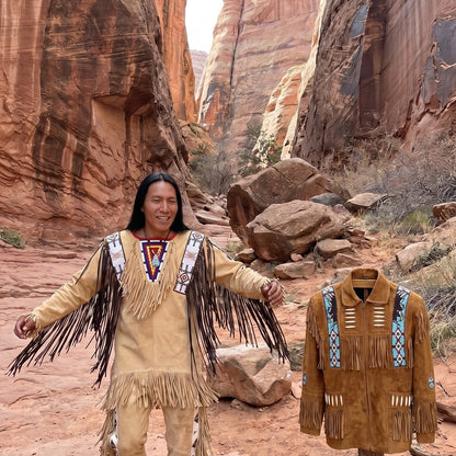 Fringe jacket displayed in a red rock canyon