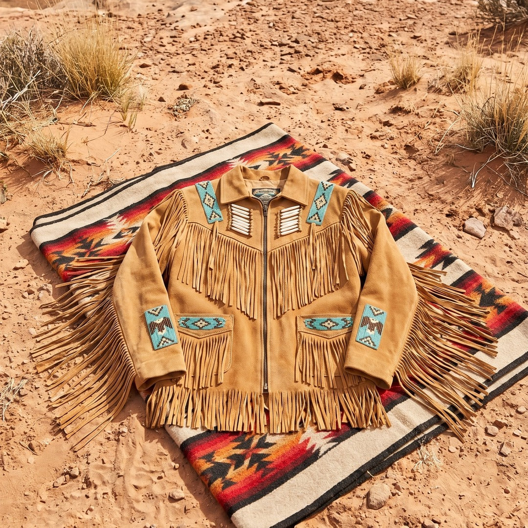 Fringe jacket laid on a Navajo blanket at a canyon bluff