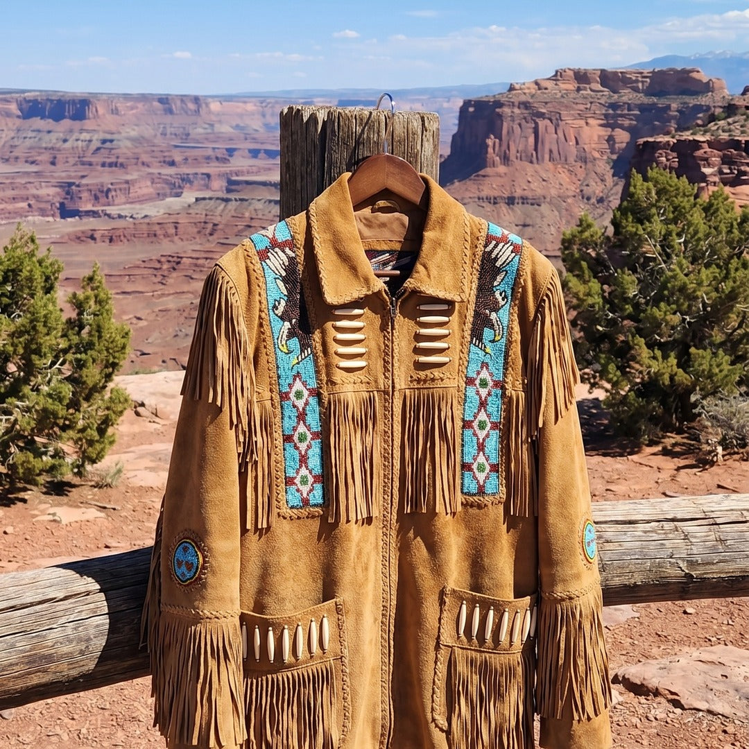 Suede fringe jacket hanging on a post on a high mesa overlook