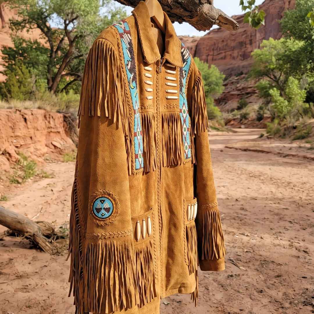Fringe jacket hanging from a cottonwood branch by a desert river