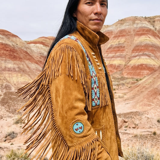 Tahoma wearing the handmade Native suede fringe jacket in the painted desert