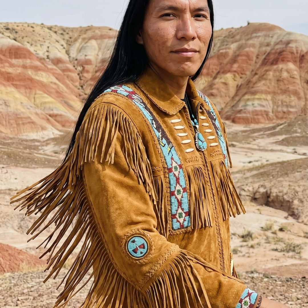 Native suede fringe jacket modeled, three-quarter view showing back fringe