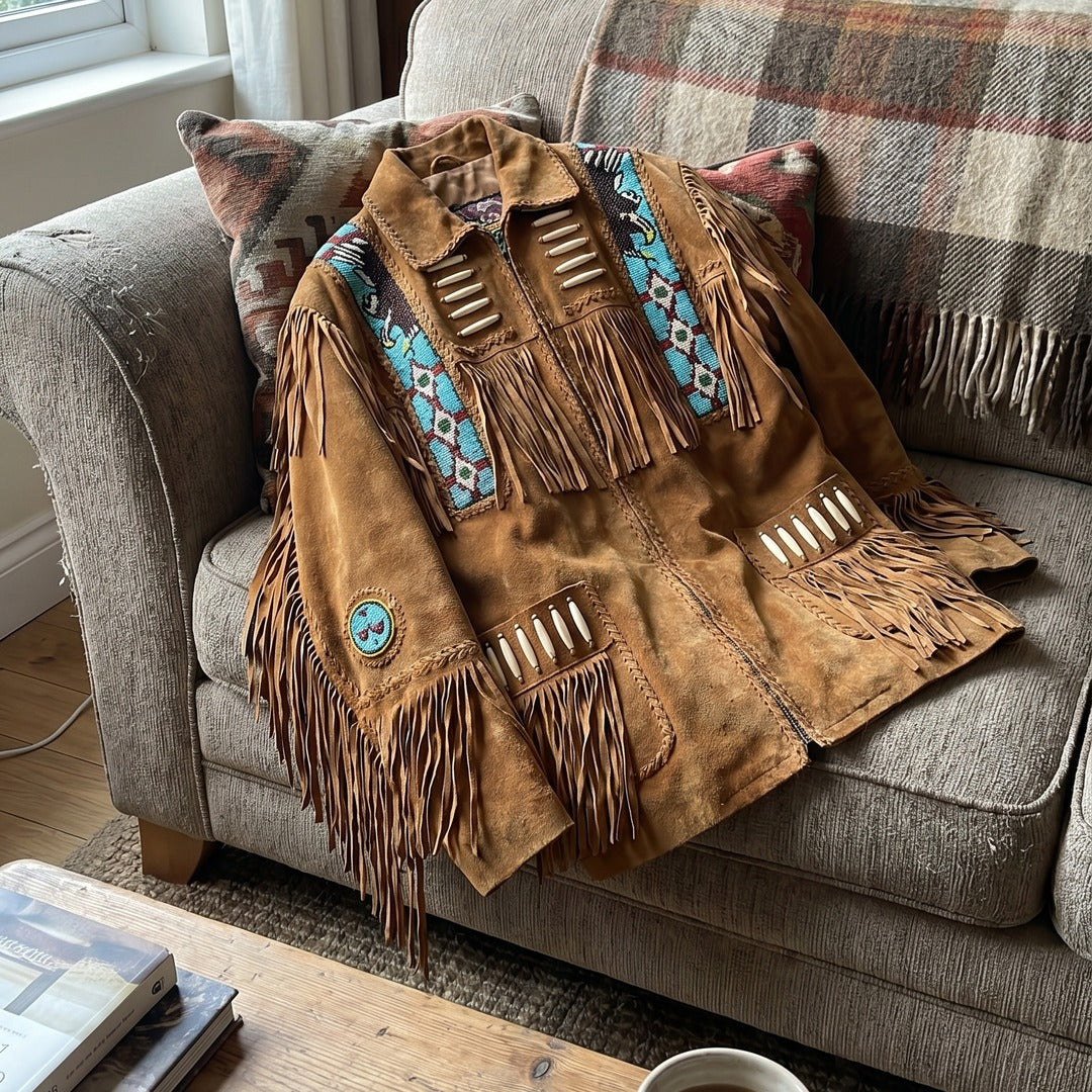 Fringe jacket on a couch at home